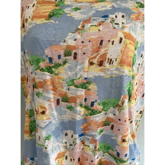 CYNTHIA ROWLEY Greek Island Paining Print 100% Linen Slub Knit Top T-shirt sz S - Picture 2 of 5